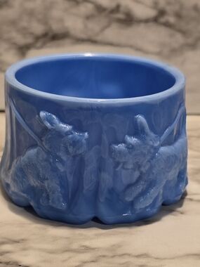 Vintage Blue Milk Glass Akro Agate Scotty Dog Puff Powder Box Scottish Terrier